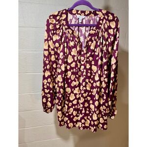 Nine West Womens New Plus Size 2X Leopard Print Long Sleeve Blouse Top Burgundy